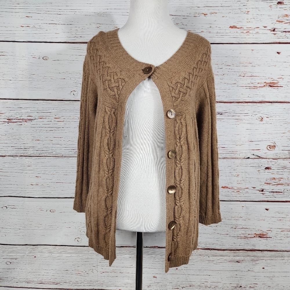 LOFT Cable Knit Brown Wool Cashmere Rabbit Hair Blend Cardigan Sweater Large